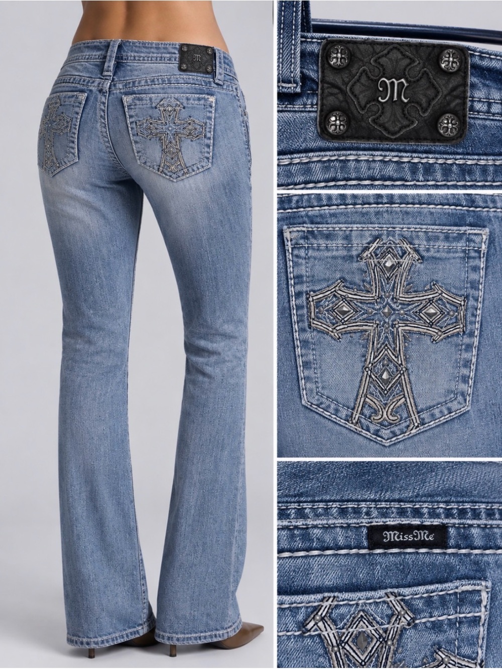 Miss Me Crystal Cross Studded Pocket White Wash Y2K Straight Leg Jean Bootcut 34